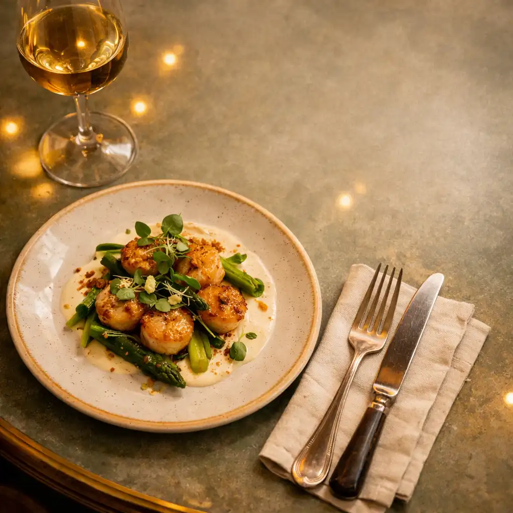 Table de bistrot parisien contemporain avec assiette élégante, verre de vin et couverts sous une lumière chaude et tamisée