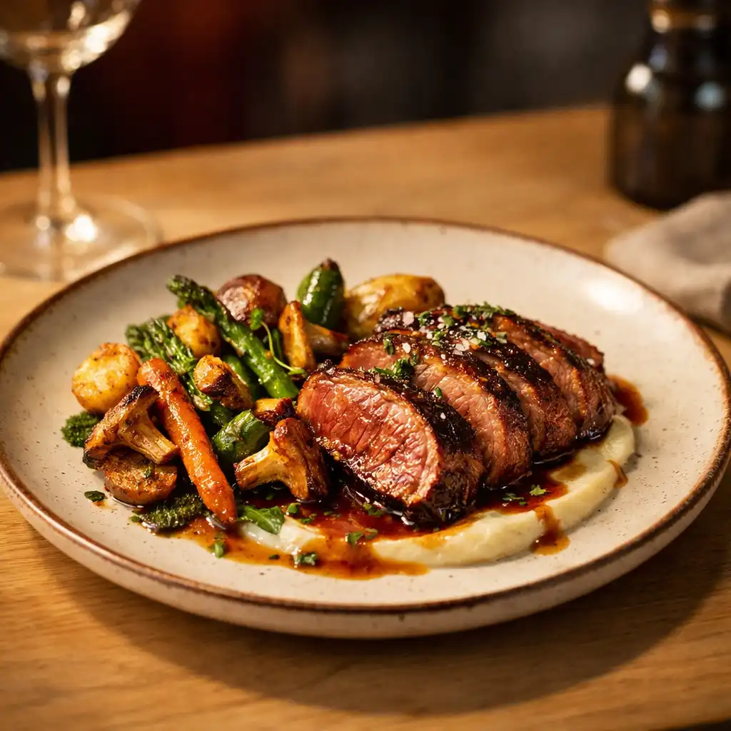 Assiette de bistrot contemporain dressée avec soin