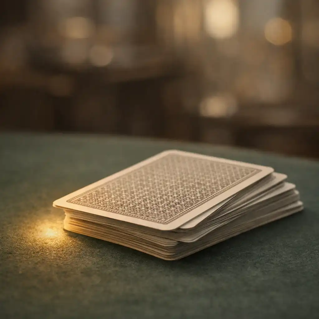 Cartes à jouer posées sur un feutre de table de poker vert bouteille, éclairées par une lumière chaude