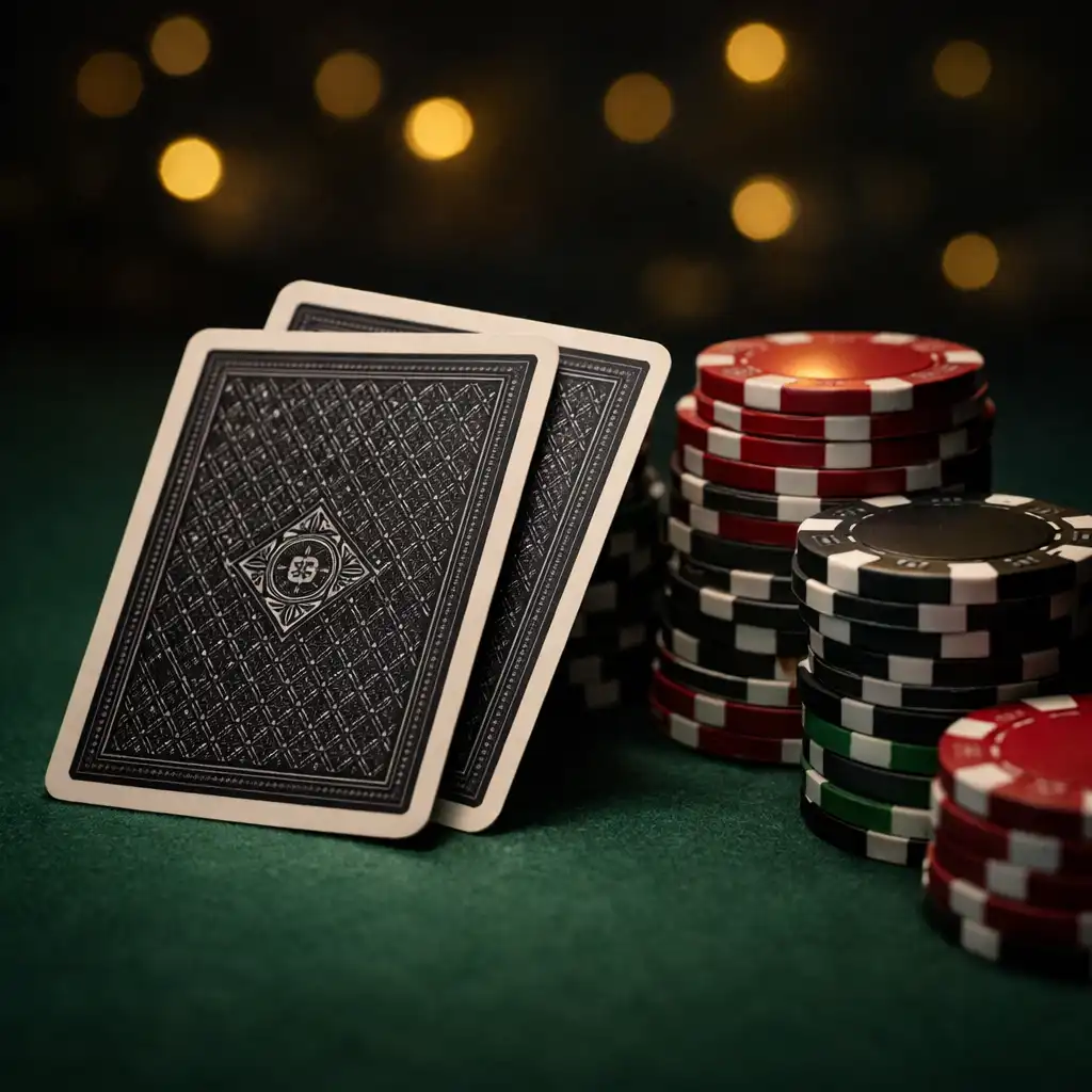 Cartes à jouer et jetons posés sur un feutre de poker vert bouteille