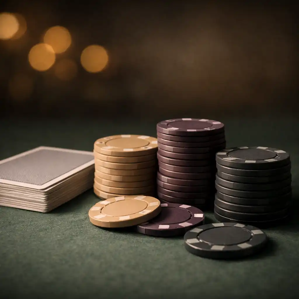 Cartes à jouer et jetons de poker posés sur un feutre vert, avec points lumineux en arrière-plan