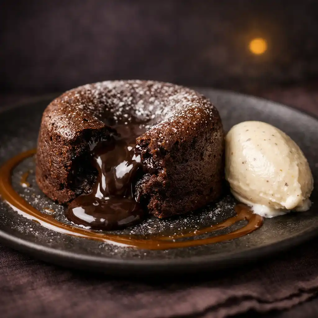 Dessert au chocolat intense avec glace vanille et caramel