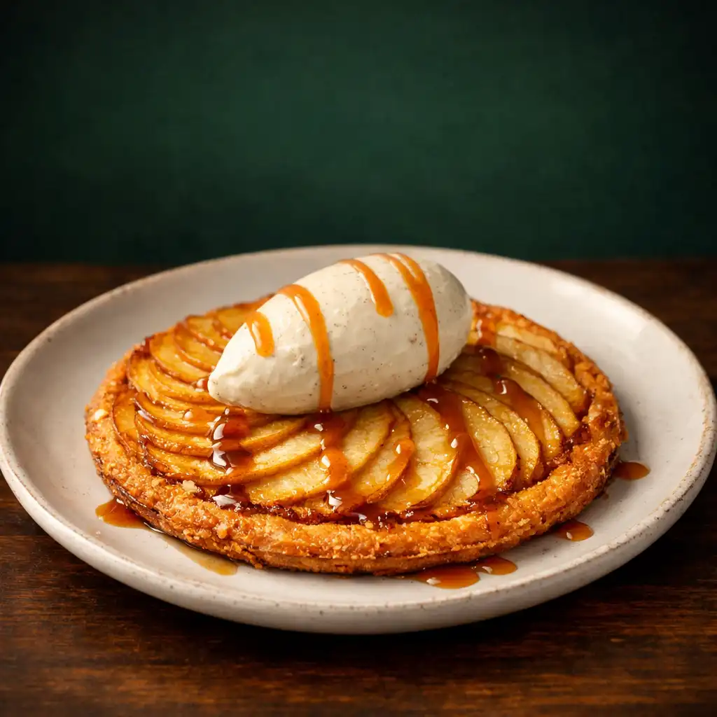 Tarte fine aux pommes caramélisées, crème montée à la vanille et caramel au beurre salé