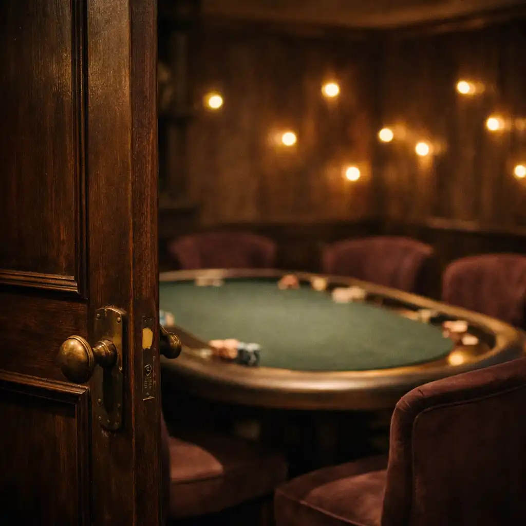 Entrée du Poker Room de Bistro Luciole, avec porte en bois sombre et table de poker ovale au second plan