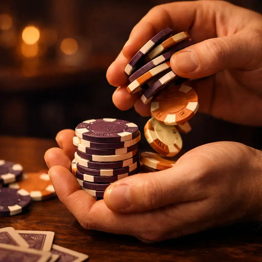 Mains tenant des jetons de poker en argile et crème fumé au-dessus d’une table en bois sombre