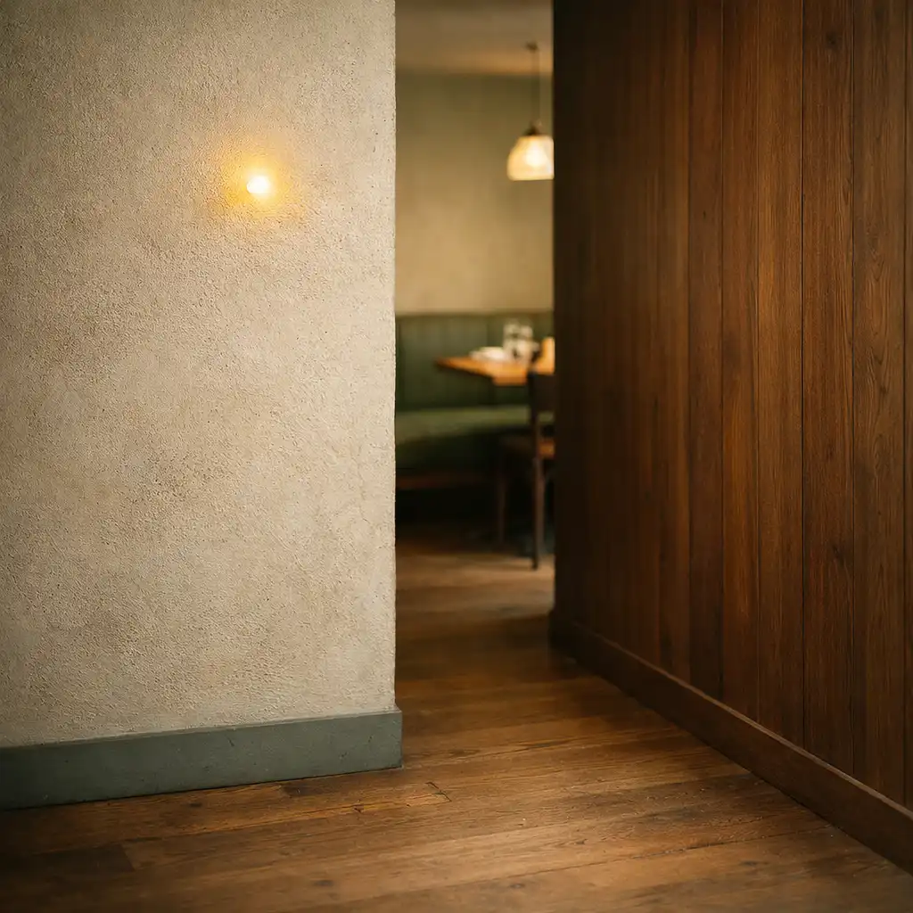 Passage intérieur entre deux espaces avec un point lumineux jaune luciole sur le mur