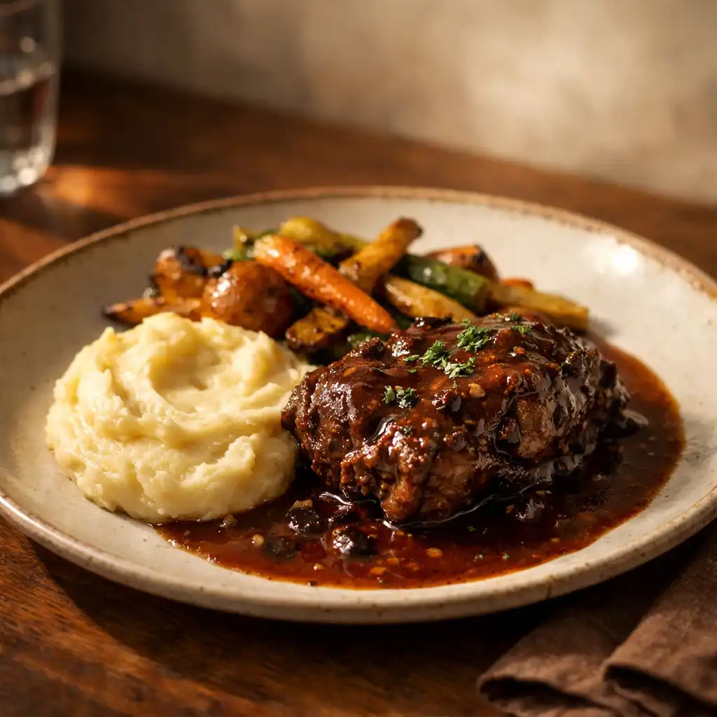Plat de bistrot contemporain avec viande mijotée, purée maison et légumes de saison