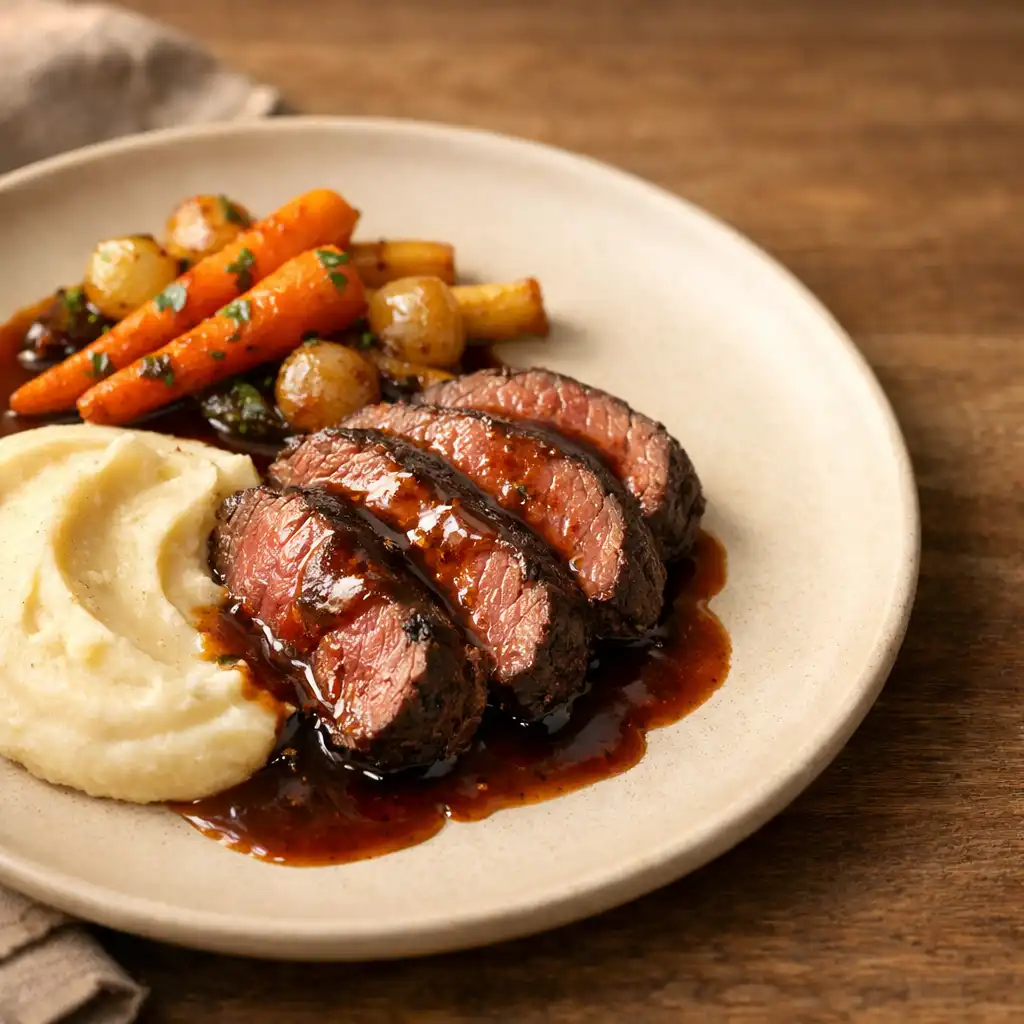 Filet de bœuf rôti nappé de jus corsé, accompagné de légumes racines glacés et d'une purée onctueuse