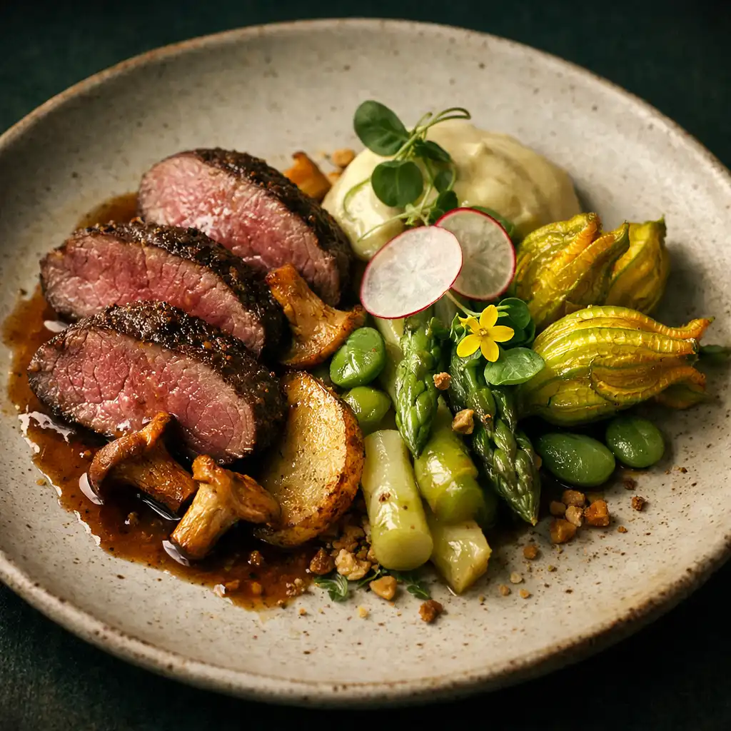 Plat de bistrot contemporain en gros plan avec ingrédients de saison et lumière chaude