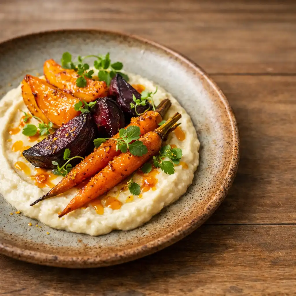 Assiette végétarienne de légumes rôtis sur purée de céleri, avec condiment acidulé et herbes fraîches