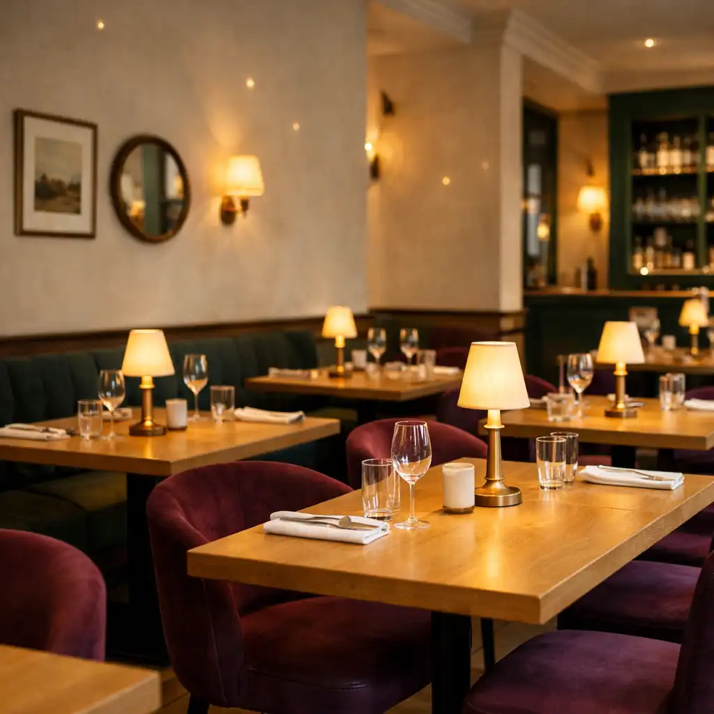 Salle de bistrot parisien contemporain avec tables en bois, chaises en velours prune et éclairage tamisé