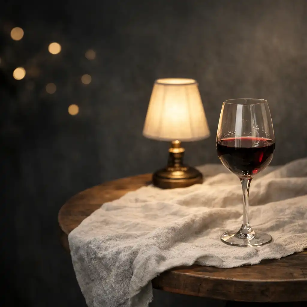 Table de bistrot en bois avec un verre de vin et une lampe chaude