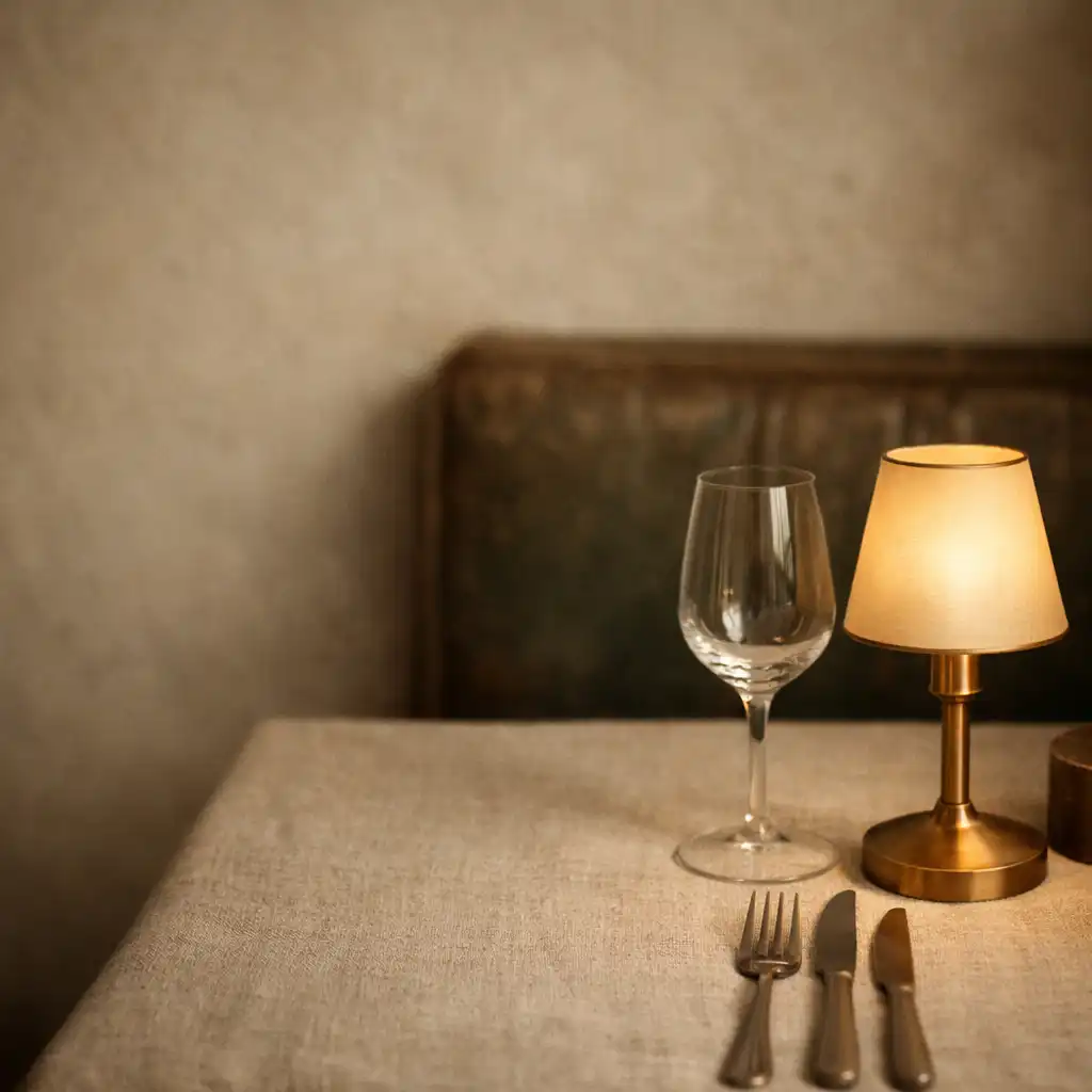 Table de bistrot dressée avec une lampe de table en laiton diffusant une lumière chaude