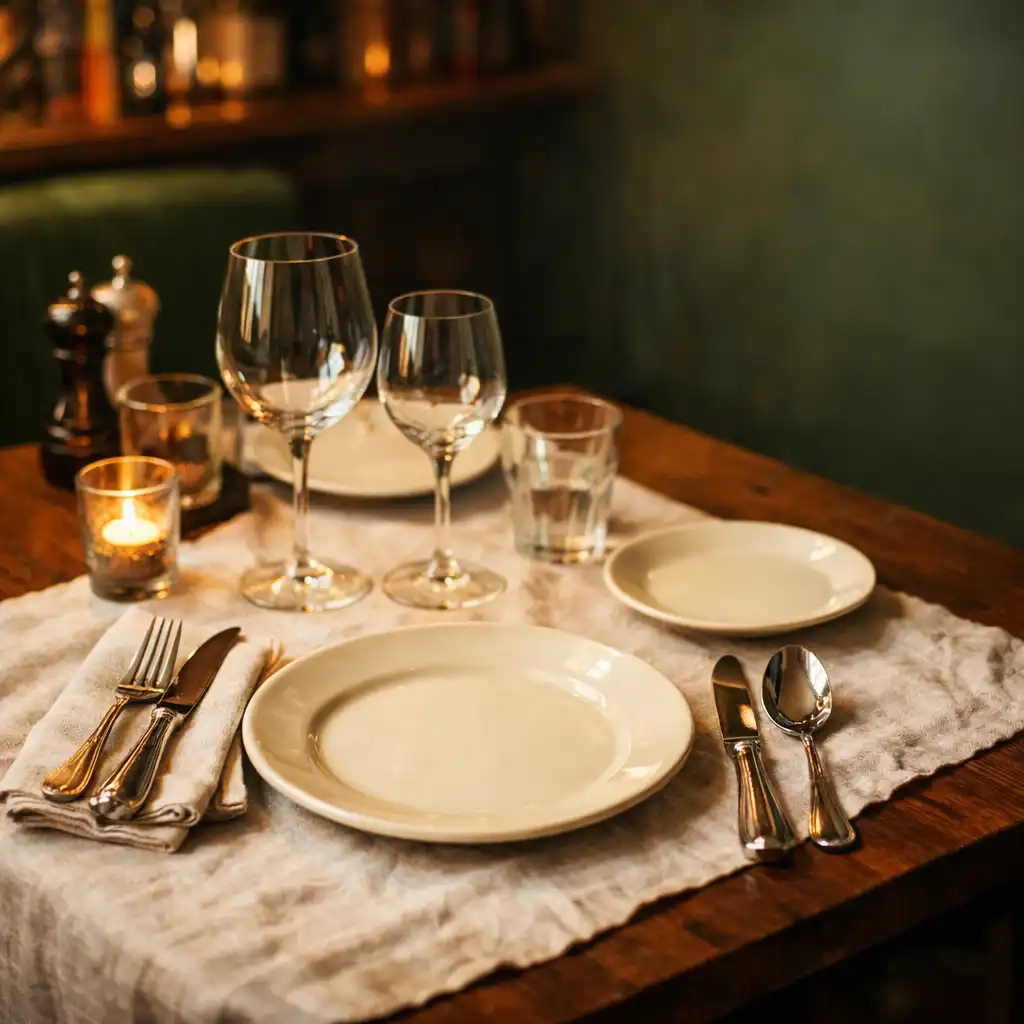 Table dressée au Bistro Luciole avec assiettes, couverts et verres