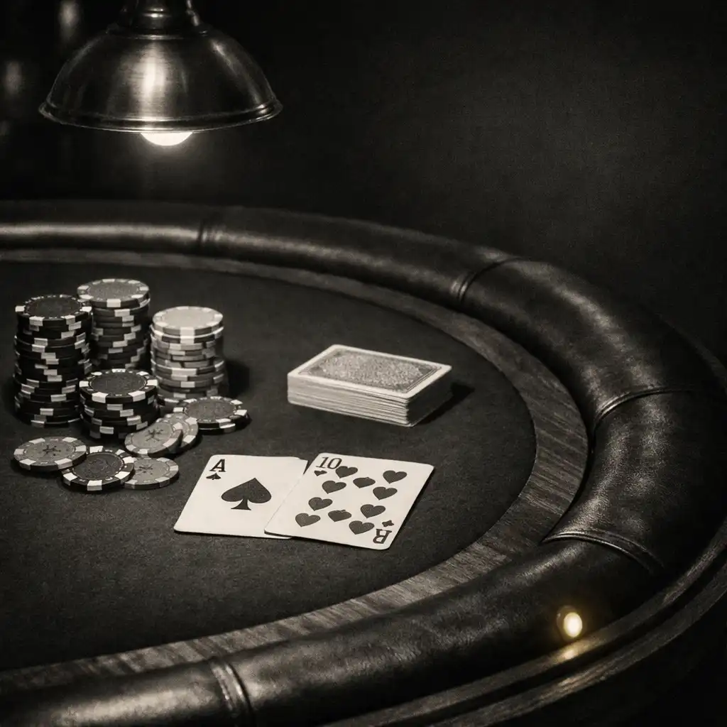 Table de poker en noyer massif avec feutre vert bouteille, jetons et cartes sous une lampe suspendue