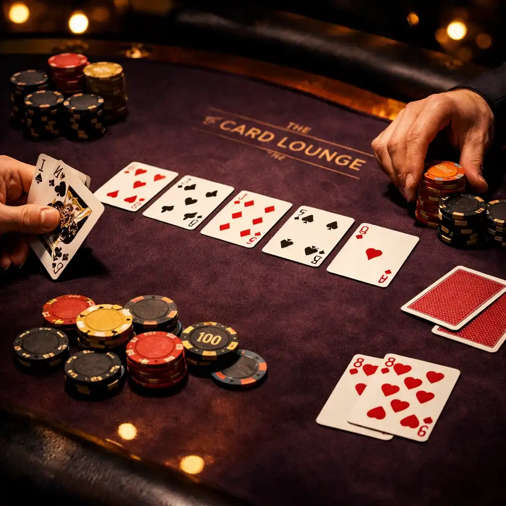 Table de poker physique avec cartes et jetons sous un éclairage tamisé et des points lumineux jaune luciole