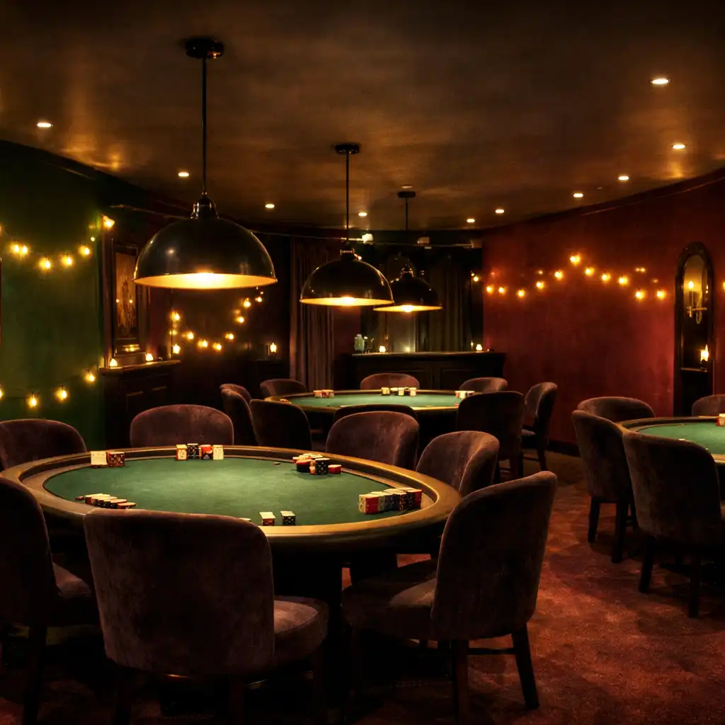Vue générale du Poker Room de Bistro Luciole, avec tables de poker, suspensions lumineuses et points jaunes